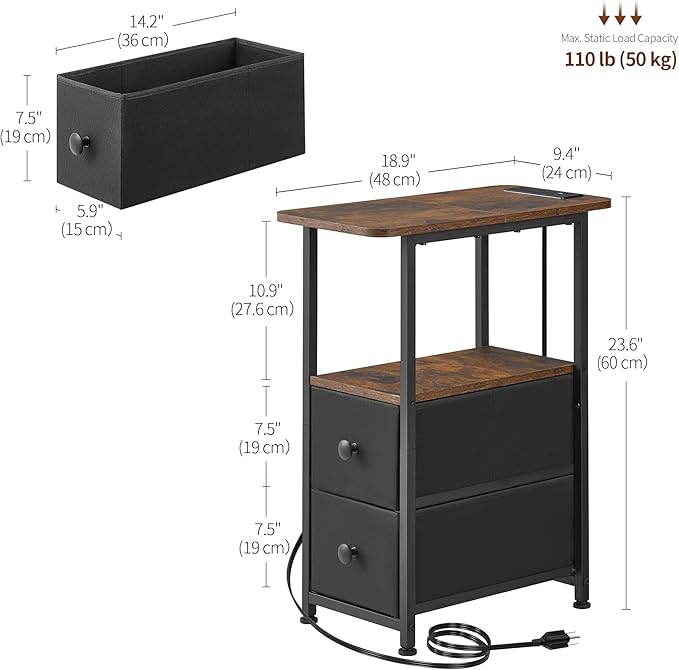 Narrow End Table with Charging Station, Narrow Side Table with Drawer, Small Nightstand with LED Light, Skinny Nightstand, Small Bedside Table for Living Room, Bedroom, Couch, Rustic Brown