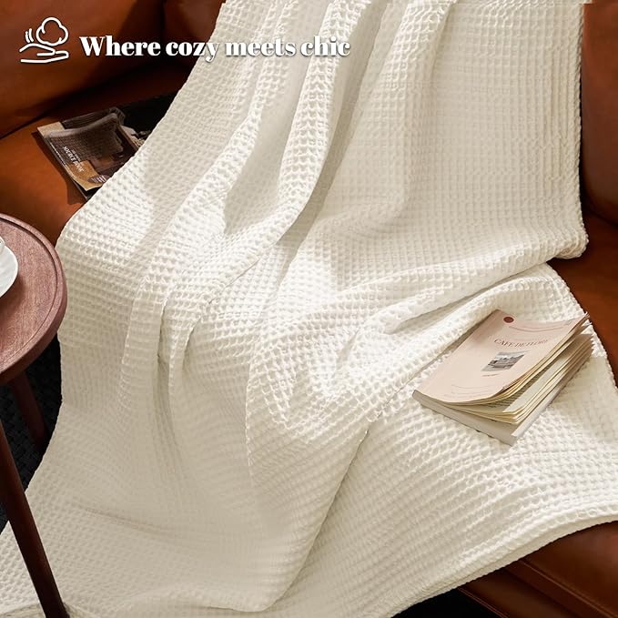 PHF Ultra Soft Waffle Weave Blanket King Size 104"x 90"- Washed Lightweight Breathable Cozy Woven Blanket for Bed - Aesthetic Decor for Couch Bedding Sofa Home Car - Coconut White