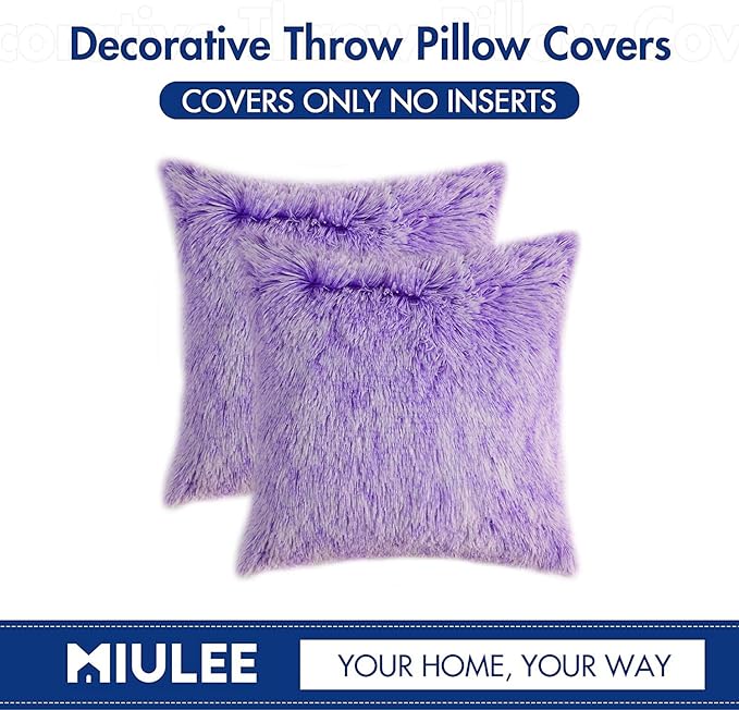 MIULEE Pack of 2 Ultra Soft Fluffy Throw Pillow Covers Decorative Plush Shaggy Double-Sided Faux Fur Pillow Cases Cushions Covers for Cute Sofa Bedroom Ca 18x18 Inch Purple Ombre