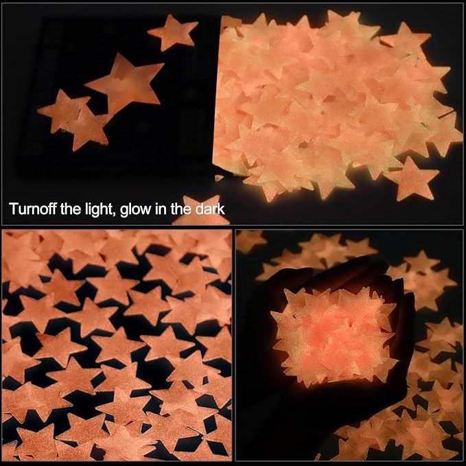 AM AMAONM 100pcs Glow in The Dark Luminous Stars Fluorescent Noctilucent Plastic Wall Stickers Murals Decals for Home Art Decor Nursery Ceiling Wall Decorate Kids Babys Bedroom Room Pink