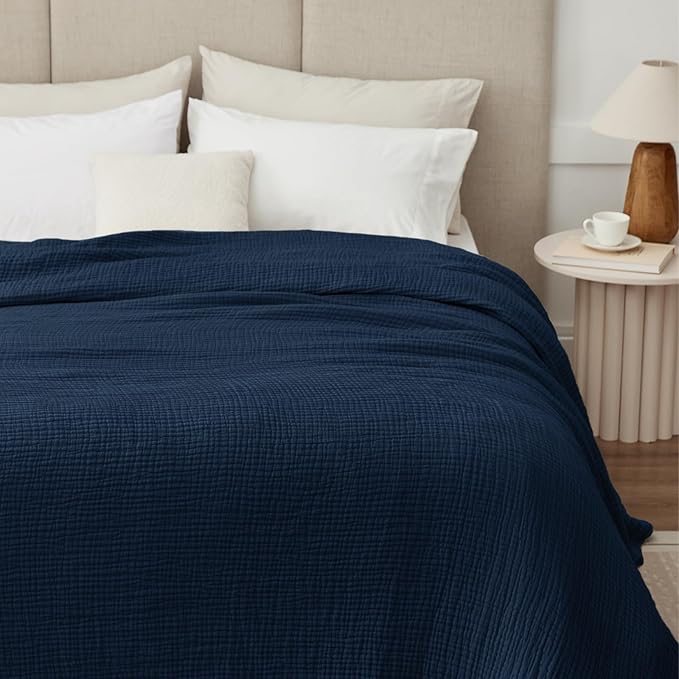 100% Cotton Muslin Blanket Large 50" x 70", 6 Layers Breathable and Lightweight Navy Throw Blanket for Bed and Couch, Soft Quilt Bedspread, Gauze Blanket for Adults All Season, Navy, Dark Blue