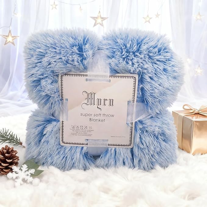 Plush Super Soft Blanket Bedding Sofa Cover Furry Fuzzy Fur Warm Throw Qulit Cozy Couch Blanket for Winter (63"x79",Blue and White)