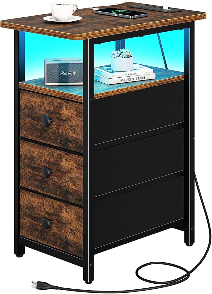 Yoobure End Table with Charging Station, LED Narrow Side Table Bedside Table, Small Night Stand End Tables Living Room, Skinny Nightstand with 3 Fabric Drawers, Side Tables Bedroom for Small Spaces