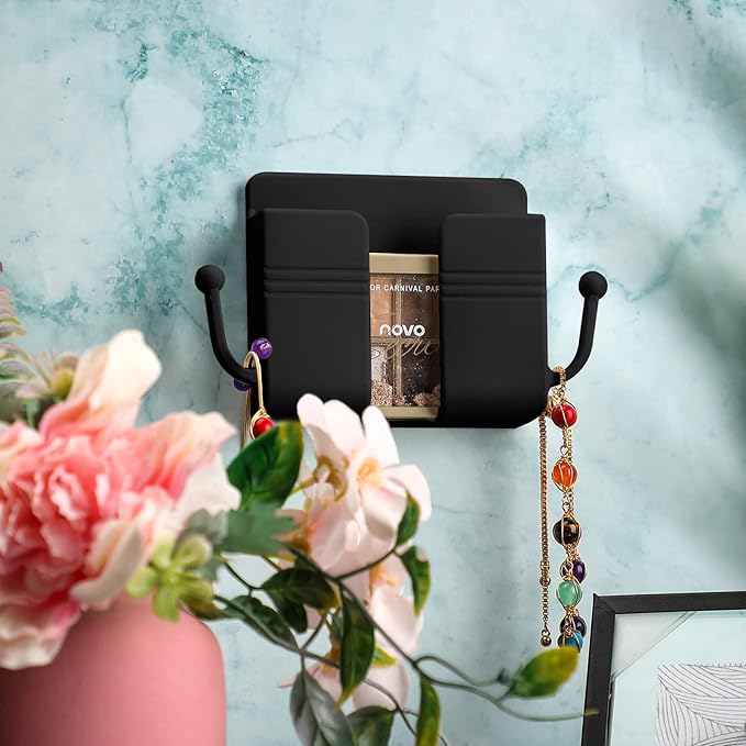 Jetec 6 Pcs Wall Mount Phone Holder Self-Adhesive Wall Beside Organizer Storage Box Plastic Charging Phone Stand Remote Brackets Holder for Bedroom(Black)
