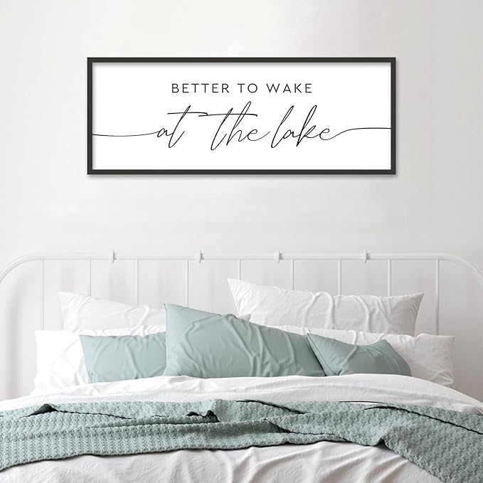 SRSZHIYUE Better To Wake At The Lake Wall Decor Above Bed Sign 40"×15" for Lake House Rustic Bedroom Over Bed Farmhouse Large Wood Framed Home Wall Hanging Art (Black)