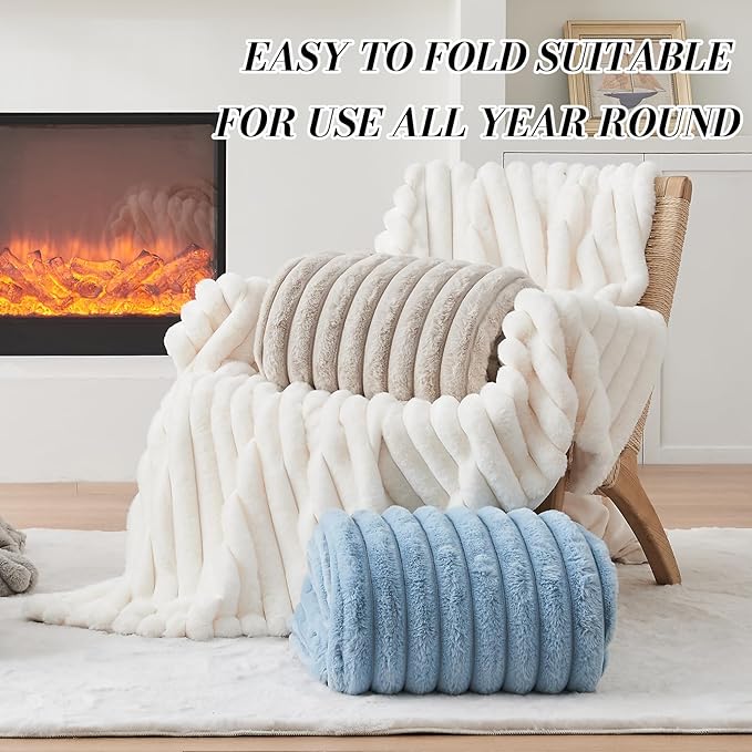 Lotus Karen Faux Fur Twin Blanket for Couch, Cozy Soft Fluffy Fuzzy Linen Blanket, Striped Warm Thick Furry Plush Shaggy Small Blankets for Women, 60x80 Inches