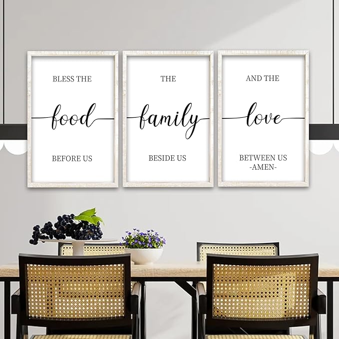 flowtorely Bless the Food Before Us Sign Wall Decor 16"×11" Set of 3 for Dining Room Kitchen Rustic Wood Framed Wall Hanging Art (White)