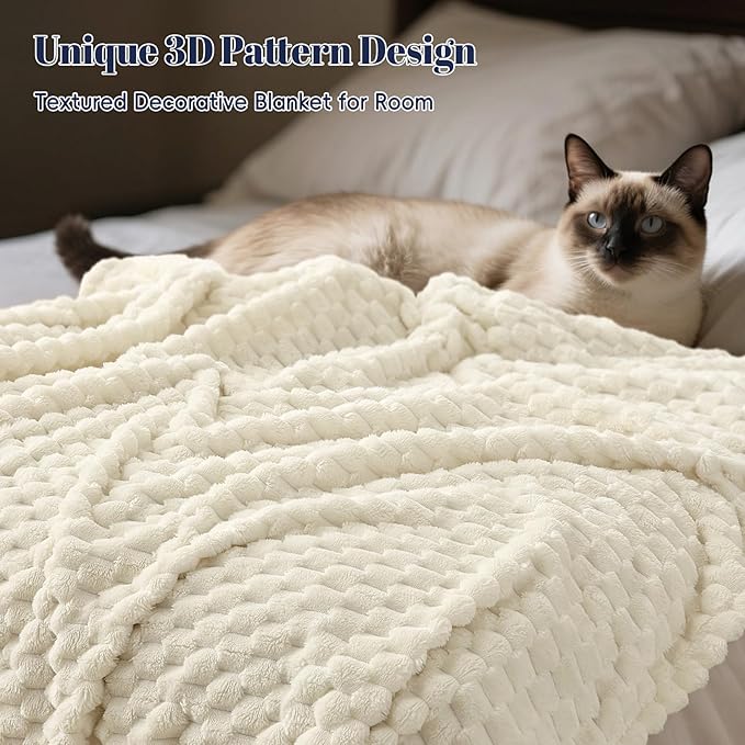 PHF Ultra Soft Flannel Fleece Blanket Queen Size, Lightweight 3D Jacquard Fleece Blanket, No Shedding, No Pilling, Luxury 340GSM Aesthetic Fluffy Cozy for Bed Room Decor, 90"x90", Cream