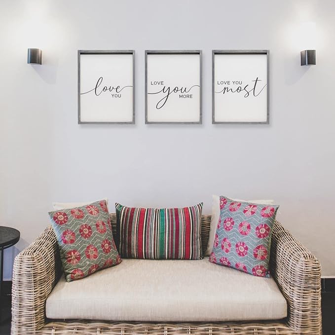Set of 3 I Love You Signs - Love You More Wall Decor for Bedroom and Living Room (11x14 inches, Gray)