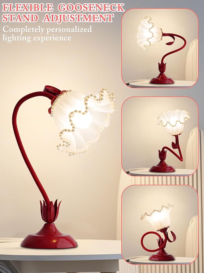 Flower Table Lamp,LED Reading Light Bedside Vintage Flower Night Light,3 Colors Modes Kawaii Bedside Lamps Decor,Living Room Bedroom Room Lighting Table Lamps Home Decoration (Red Pearls)