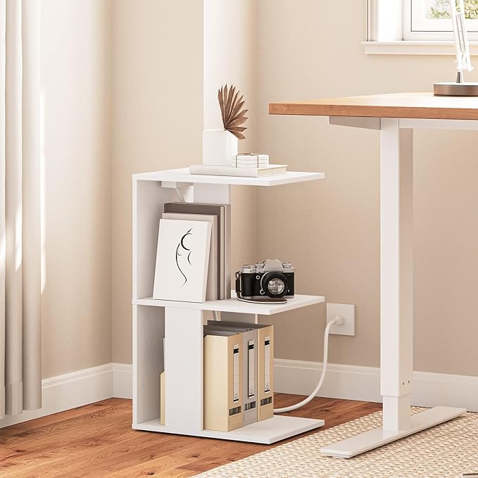 Modern End Table with Charging Station, Narrow Side Table for Small Spaces with 2 Open Storage Shelf, Narrow Nightstand with Light, Thin Bedside Table for Living Room, White ETWT18E01Z