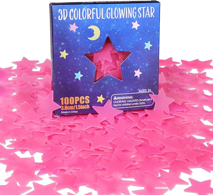 AM AMAONM 100pcs Glow in The Dark Luminous Stars Fluorescent Noctilucent Plastic Wall Stickers Murals Decals for Home Art Decor Nursery Ceiling Wall Decorate Kids Babys Bedroom Room Pink