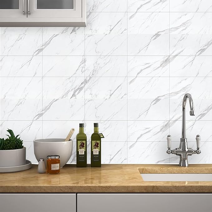 HLNIUC 16-Sheet Grey Kitchen Backsplash Tiles Peel And Stick 8”x4”Grey Marble Look PVC Wall Tile Stickers Shower Sticky Tile for Wall Waterproof Granite Textured Art Wall Tiles for Bathroom Fireplace