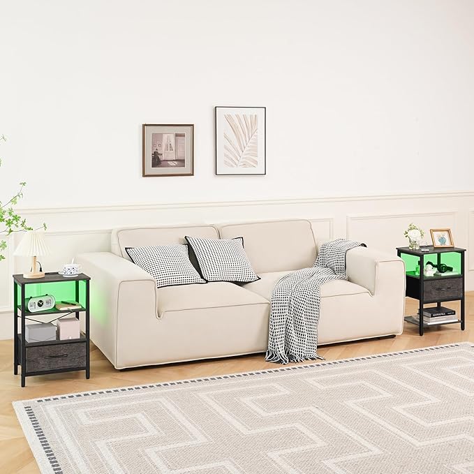 Yoobure Grey Night Stand with Charging Station, LED Nightstand for Bedroom, Bedside Tables with Adjustable Fabric Drawer, 3-Tier End Table Living Room, Small Side Table with Storage
