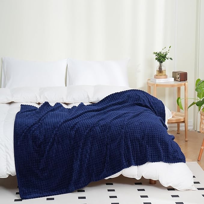 Puncuntex Flannel Fleece Throw Blanket Navy Blue 50"×60",Super Soft Plush Cozy Blanket with 3D Jacquard Square Grid Design Luxury for Couch Sofa Chair,Dark Blue