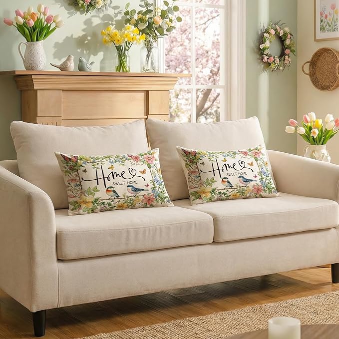 AVOIN colorlife Home Sweet Home Birds Floral Throw Pillow Covers, 12 x 20 Inch Spring Summer Flowers Cushion Case Decoration for Sofa Couch Living Room Bedroom Decor Set of 2