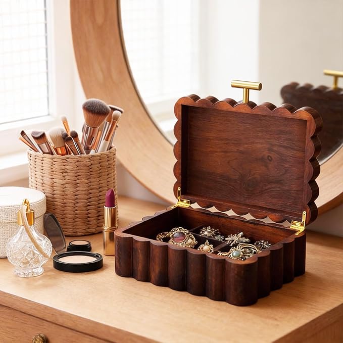 Nosiny Scalloped Wooden Jewelry Box Trinket Organizer with Lid Fan Shaped Decorative Storage Box for Keepsake, Rings, Earrings, Photos, Home Nightstand Dresser Display, 7.25 x 10 x 3.88 Inches