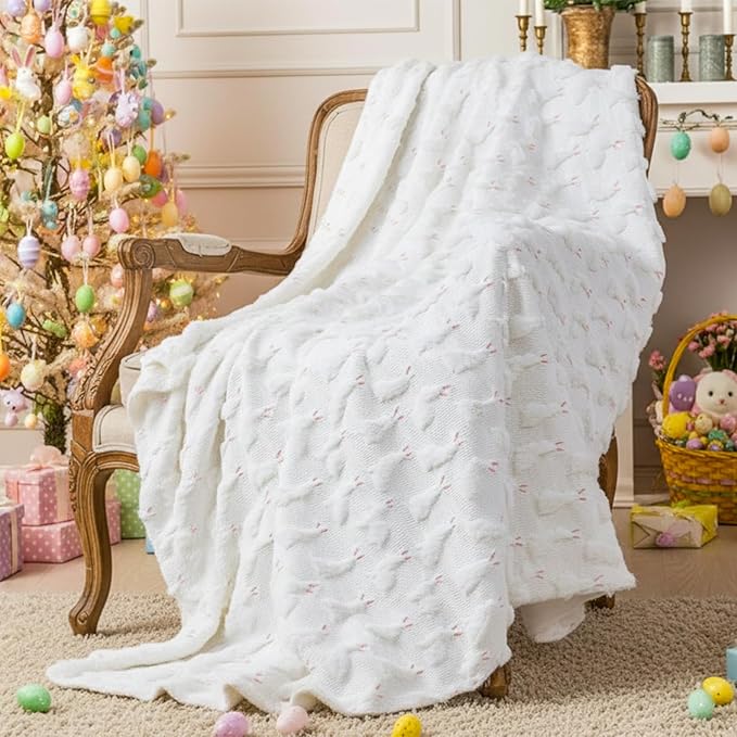 Easter Throw Blanket 50 x 60 Inch White Bunny Blanket Velvet Faux Rabbit Fur Soft Lightweight for Home Living Room Couch Sofa Bed Cabin Easter Spring Holiday Decor