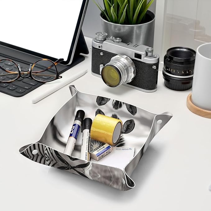 Leather Storage Tray for Bedside Table, Desk, Dressing Table, and More - Easy to Clean Medium Black and White Zebra Prints