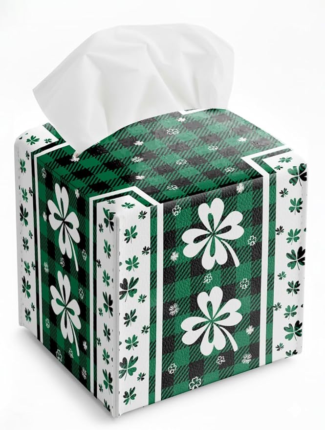 St.Patrick's Day Napkin Tissue Box Cover, Clover Buffalo Plaid Shamrock Waterproof Leather Paper Organizer Dispenser for Table Dining, Bathroom, Nightstand Vanity, Car, Housewarming Gift Ideas, B