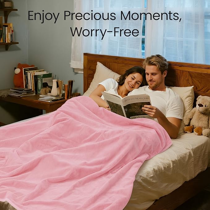 LOOBANI Waterproof Blanket for Bed: Reversible Leakproof Full/Queen Bed Blankets 80" x 90", Soft Flannel & Coral Fleece Bed Blanket Water Resistant for Couch Sofa Cover, Movie Time, Camping, Pink