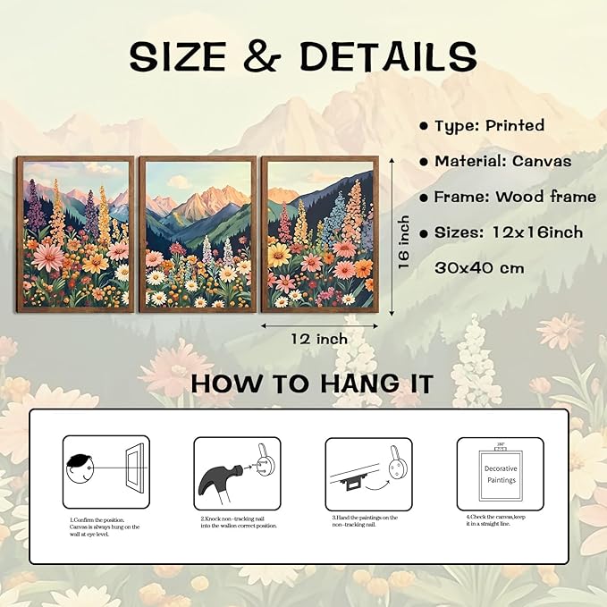 Boho Flower Landscape Wall Art Set of 3, Mountain Wildflower Nature Canvas Prints, Rustic Colorful Daisy Floral Wall Decor for Living Room Bedroom Office Farmhouse Home Decor 12x16In Wood Framed