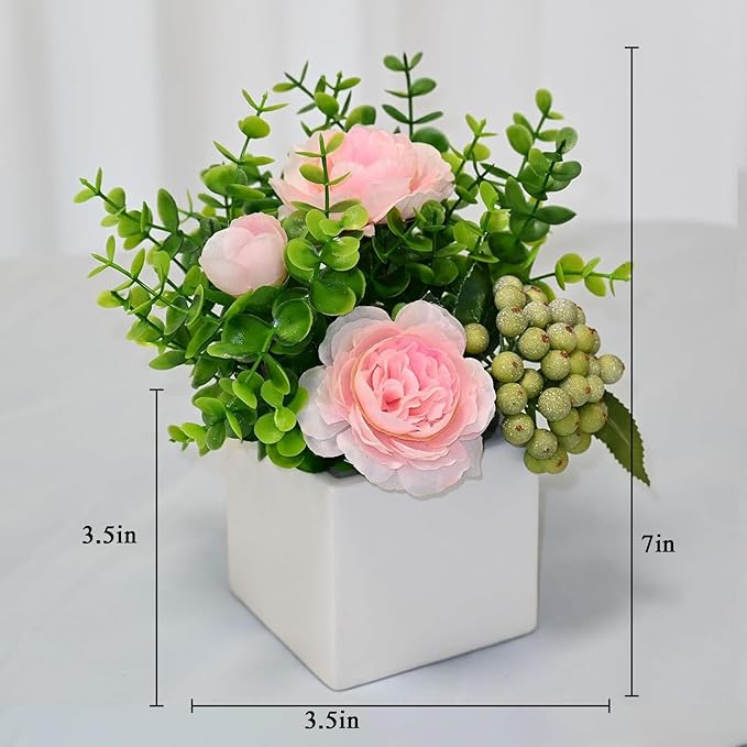 LADADA Artificial Pink Peony Flowers with Eucalyptus and Green Berries in White Square Vase - Fake Floral Arrangement for Home Decor, Table Centerpiece, Bathroom, Office, Wedding, Farmhouse Decor