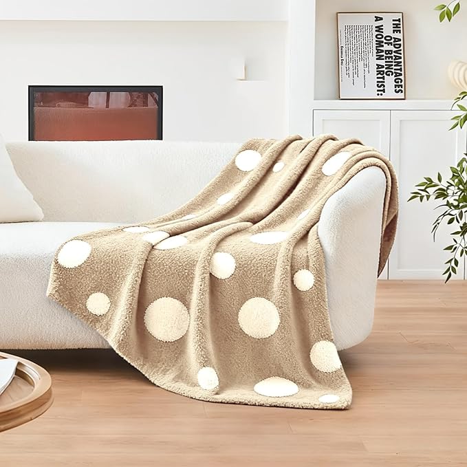CozeCube Super Soft Fullfy Microfiber Reversible Knitted Blankets, Warm Cozy Fuzzy Plush Throw, Beige and White Polka Dot Throw Blanket for Couch Bed Sofa, 60" x 80"