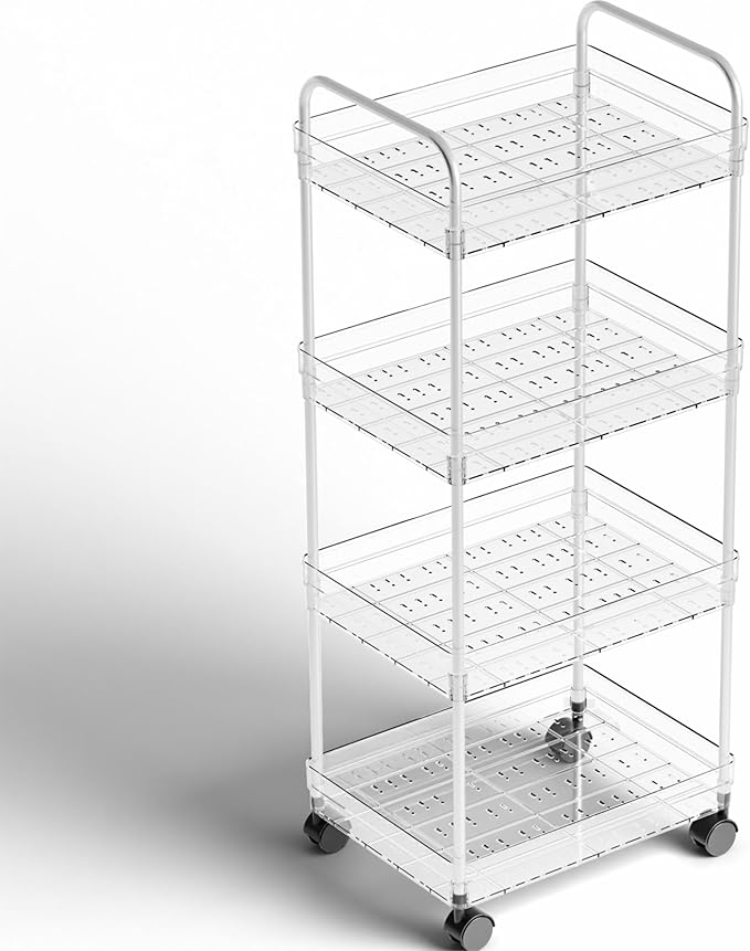 Yieach 4 Tier Acrylic Clear Rolling Cart with Wheels,Plastic Storage Cart on Wheels for Bedside,Dorm Room,Bathroom Organizers and Storage Shelf,Utility Cart Organizer for Snack,Craft,Art,Makeup,Baby