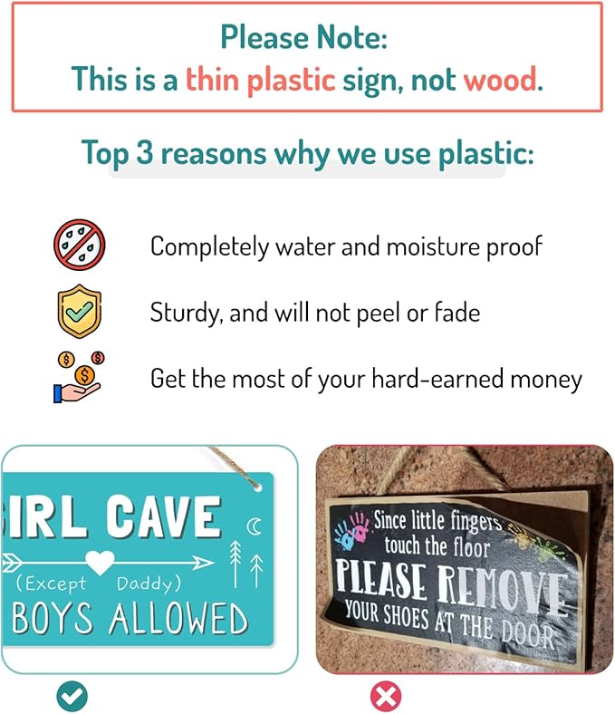 Girl Cave Sign, 12″x6″ PVC Plastic Wall Decoration Hanging Sign, High Precision Printing, Water Proof, Girls Only Room Decor, No Boys Allowed Except Daddy for Girls Bedroom
