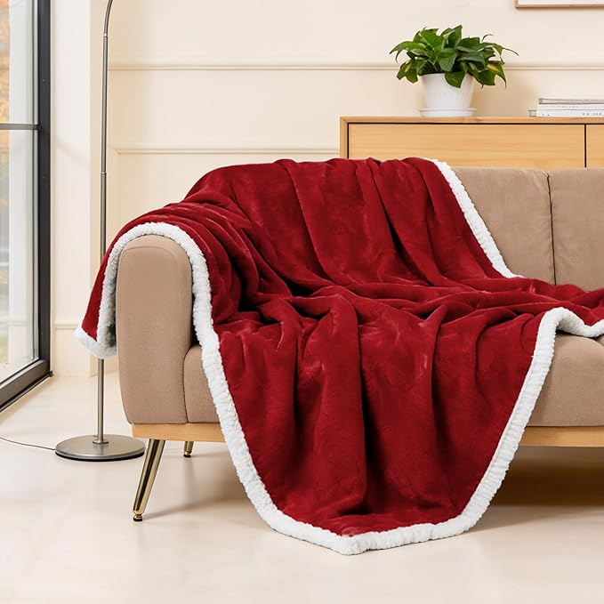 BEAUTEX Sherpa Fleece Throw Blanket Twin Size for Couch - Thick and Warm Blanket for Winter, Fluffy Flannel Plush Twin Blanket, Fuzzy Wine Cuddle Blankets for Couch Bed Sofa (60" x 80", Wine)
