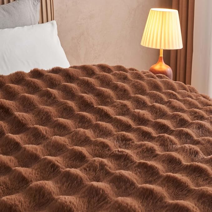Lotus Karen Faux Fur Throw Blanket Dark Coffee - Big Bubble Rabbit Fluff Blanket for Couch Bed Sofa,Softest Fluffy Fuzzy Cozy Blanket,Thick Furry Plush Shaggy Warm Blankets for Women,50x60 Inches