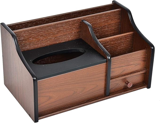 Cherry Brown Wood Desk Organizer Tissue Box Lid Multiple Slots Drawer Tabletop Storage Cabinet Solid Wood Phone Tablet Remote Control Holder Office Supplies Caddy Accessory Sorter Home