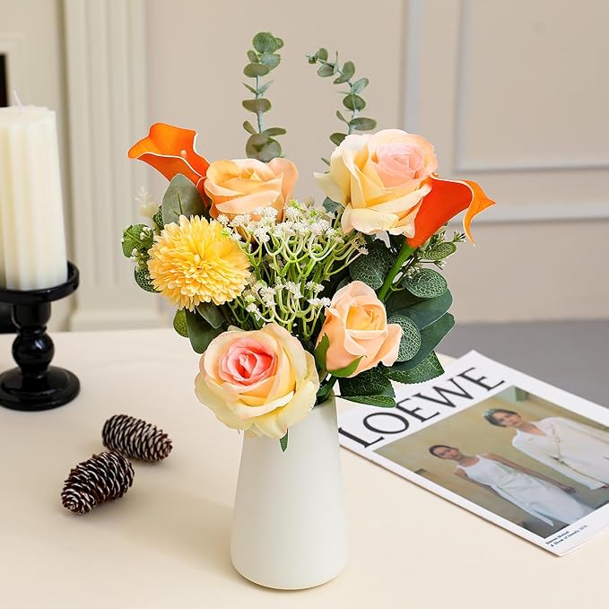Fake Flowers with a Ceramic Vase, Fake Flower Bouquet in vase, Floral Decor Flower Arrangements for Home Office Farmhouse Bathroom Dining Table Centerpiece Decorations Coffee Table(Champagne)