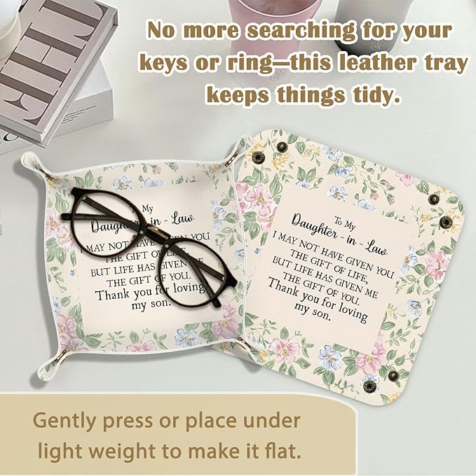 Daughter in Law Gifts Jewelry Valet Tray for Women, Gifts for Daughter in Law PU Leather Catchall Beside Caddy Nightstand Organizer Tray for Jewelry Rings Watches and Accessories, 7.87x7.87in