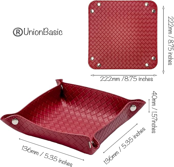 UnionBasic Small Valet Tray, Jewelry Tray for Rings Watches Earrings, Entryway Catchall Caddy for Coins Keys Change, Nightstand Bedside Valet Holder, Trays for Electronic Gadgets, Woven Red