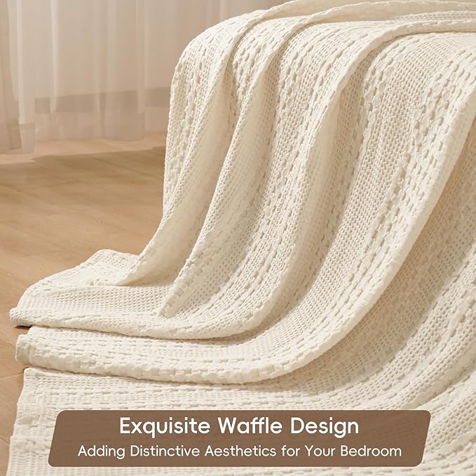 PHF 100% Cotton Waffle Weave Blanket King Size for Bed, Soft Lightweight & Breathable for Spring and Summer, All-Season Comfort, Luxury Aesthetic Blanket for Home Decor, 108"x90", Natural