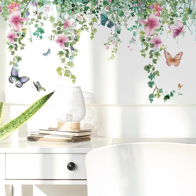 TUOKING Vines Flowers Wall Stickers Removable Butterfly Wall Murals Peel and Stick Wall Art Decal Home Decor for Kitchen,Bedroom,Living Room(fun-c20)