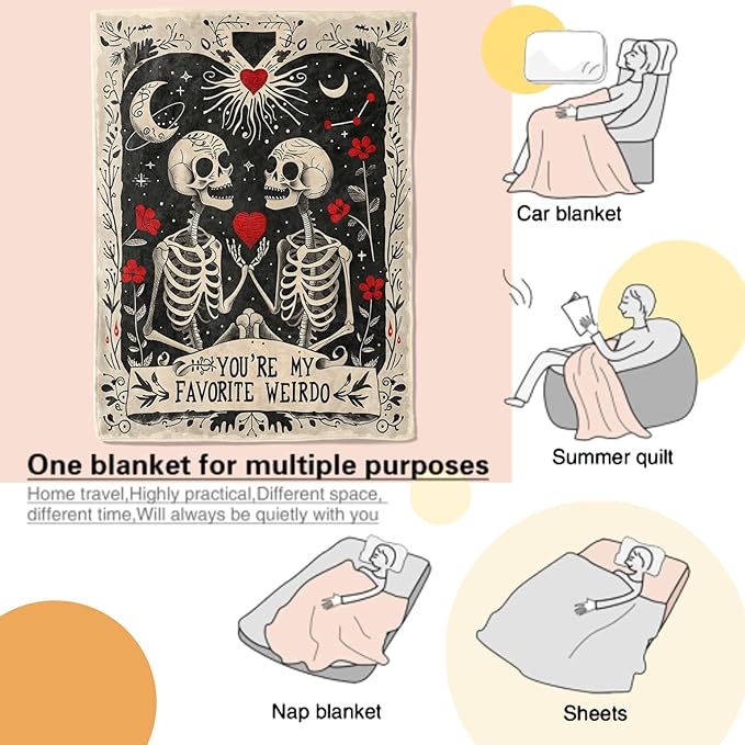 Gothic Skull Blanket Romantic Skeleton Couple Holding Heart Throw Blankets Lightweight Flannel Throws for Camping Couch Chair Office Bed Goth Halloween Home Decor Gifts for Adults,80x60inch