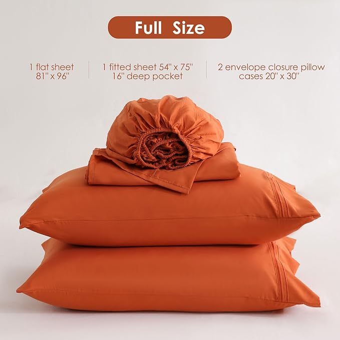 JSD Burnt Orange Full Sheet Set with Side Pocket Corner Straps, 4 Piece Soft Microfiber Bed Sheets Extra Deep Pocket