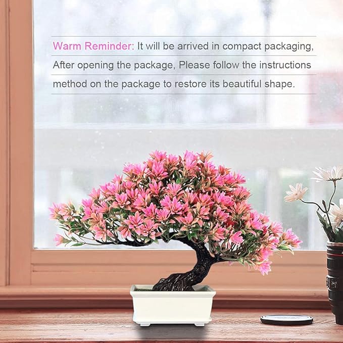 Artificial Bonsai Tree Fake Plants for Home Decor, Living Room Bathroom Bookshelf Entryway Table Wall Shelf Modern Farmhouse Decor, 9.5" Tall, Pink