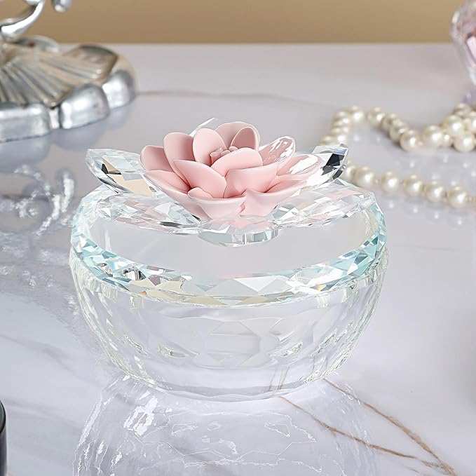 Crystal Jewelry Box for Women, Small Glass Trinket Jar with Lid, Clear Lotus Flower Storage Holder Elegant Organizer Dish for Ring, Earrings, Necklace, Gift (Pink Flower)