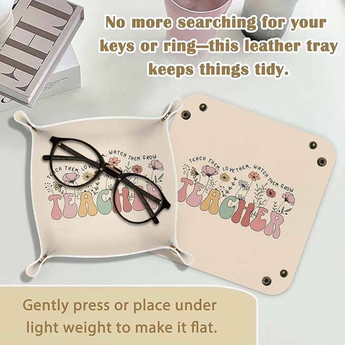 Teacher Appreciation Gifts Jewelry Valet Tray for Women, Gifts for Teacher PU Leather Catchall Beside Caddy Nightstand Organizer Tray for Jewelry Rings Watches and Accessories,7.87x7.87