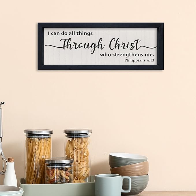comurdyo I Can Do All Things Through Christ Sign Wall Art 16"×6" Philippians 4:13 Bible Verse Christian Wall Wooden Decor (Black)