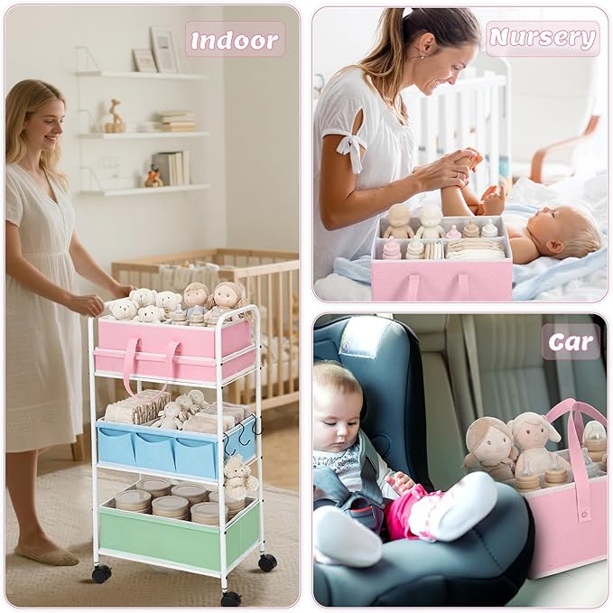 Honeydak 2in1 Baby Diaper Caddy Organizer Cart 3 Tier Large Capacity Metal Utility Bedside Rolling Cart with Divider Newborn Registry Nursery Essential Must Have Crib Bedroom Baby Shower(Colorful)