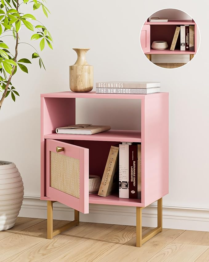 Rattan Nightstand, Boho Night Stand Farmhouse Wood Bedside Table with Storage and Open Shelf, End Side Accent Table for Bedroom,Living Room,Pink
