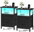 Vagusicc Nightstands Set of 2, Bedside Tables with Charging Station & LED Lights, Black Night Stands with 2 Fabric Drawers, End Table with Storage Shelf, 24.2" Tall Bed Side Table Set of 2 for bedroom