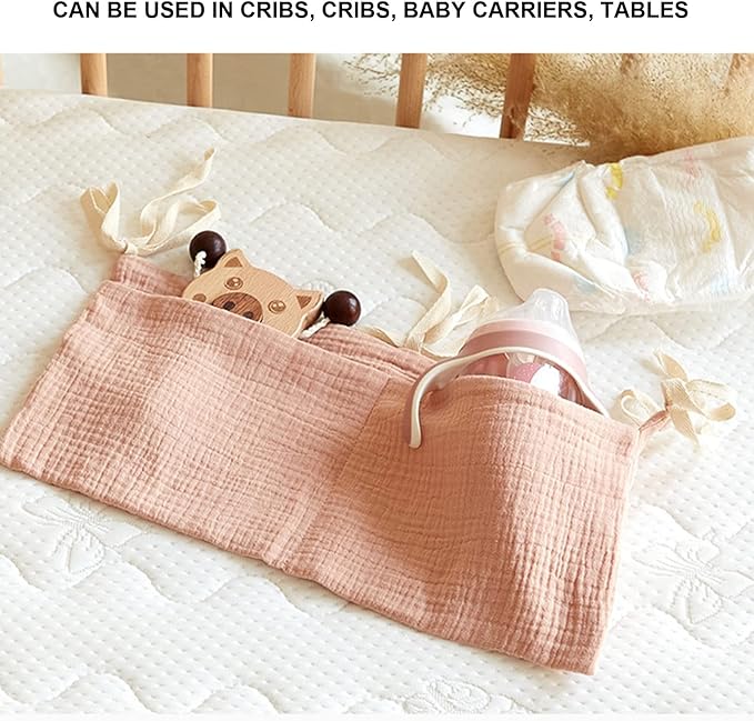 Diaper Caddy, Pure Cotton Cloth Baby Bedside Hanging Storage Bag Diaper Stacker Crib Organizer Hanging for Crib 2 Pockets Adjustable Strap Organizer for Baby Cribs and Toys