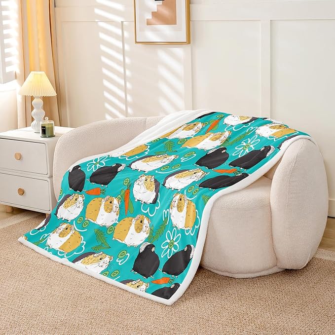 Erosebridal Kids Guinea Pig Sherpa Blankets Cavia Porcellus Blanket Throw for Boys Girls Popular Household Pet Animal Fleece Blankets Dairy Carrot Cartoon Fuzzy Blanket Queen 90"X90" Green Blue Red