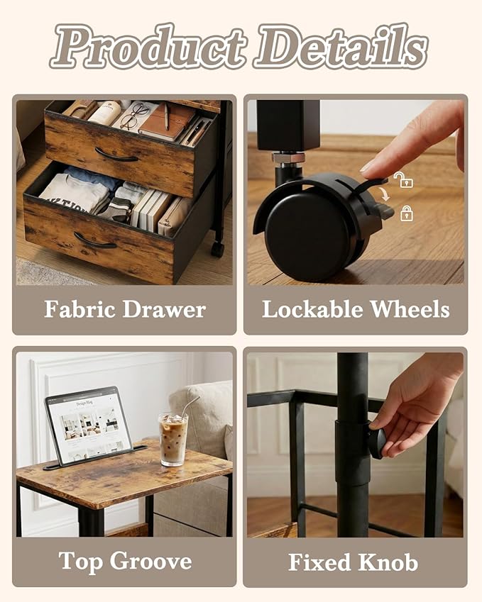 360° Swivel Nightstand with Height Adjustable, Lift Top Bedside Table with Charging Station, Rolling Night Stand with 2 Fabric Drawers, End Table with Wheels, for Bedroom, Living Room, Rustic Brown